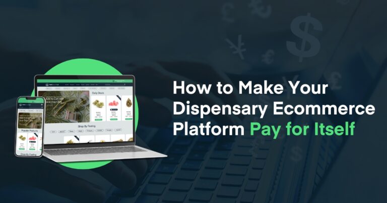 A mobile phone and laptop display a cannabis dispensary website with products and deals, alongside the text 'How to Make Your Dispensary Ecommerce Platform Pay for Itself'—emphasizing ecommerce ROI for dispensaries.