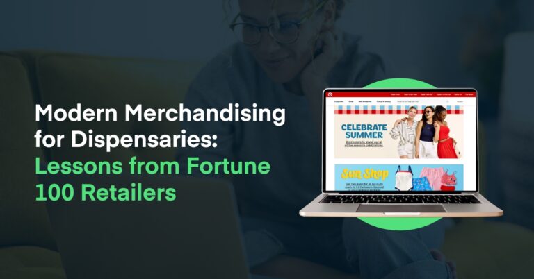 A laptop displays a vibrant online retail page with the headline 'Celebrate Summer,' next to the text 'Modern Merchandising for Dispensaries: Lessons from Fortune 100 Retailers'—highlighting strategies for effective merchandising for dispensaries.