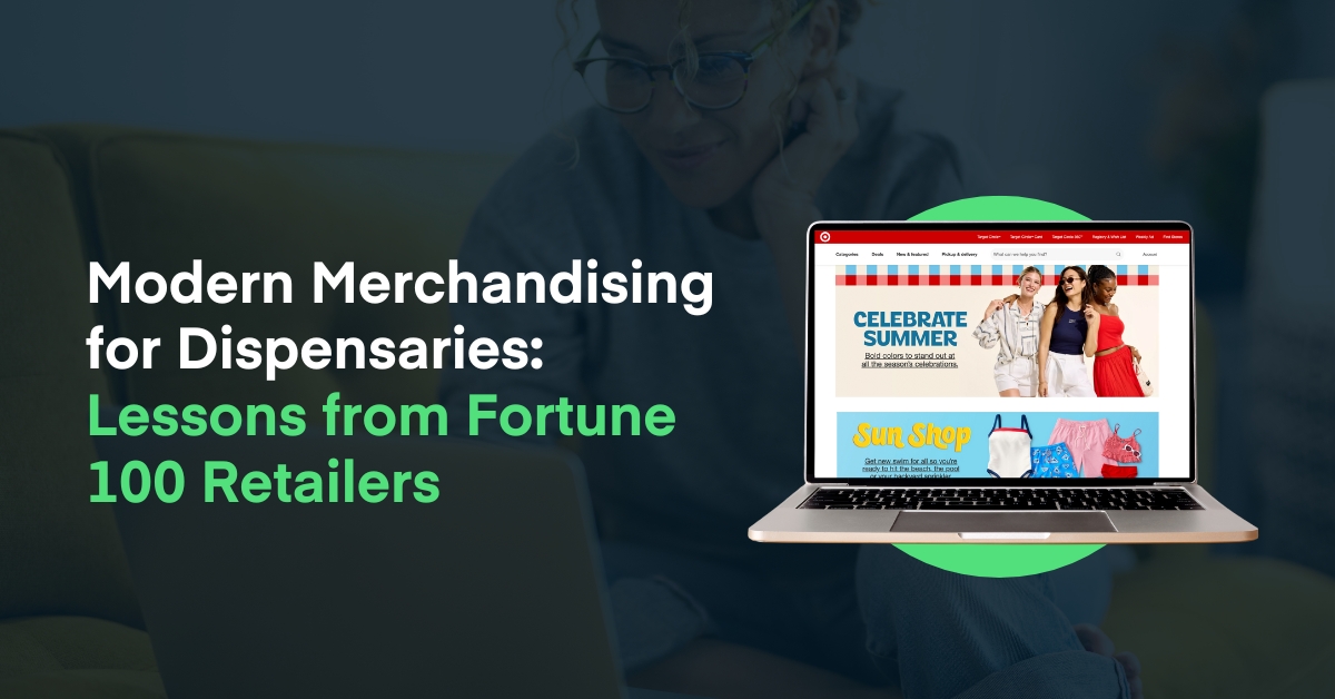 A laptop displays a vibrant online retail page with the headline 'Celebrate Summer,' next to the text 'Modern Merchandising for Dispensaries: Lessons from Fortune 100 Retailers'—highlighting strategies for effective merchandising for dispensaries.