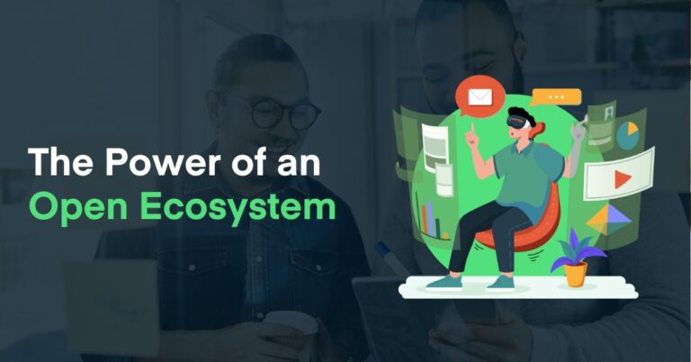 An illustration of a person surrounded by digital tools and media icons, paired with the text 'The Power of an Open Ecosystem'—representing the flexibility and integration benefits of a modern dispensary tech-stack.