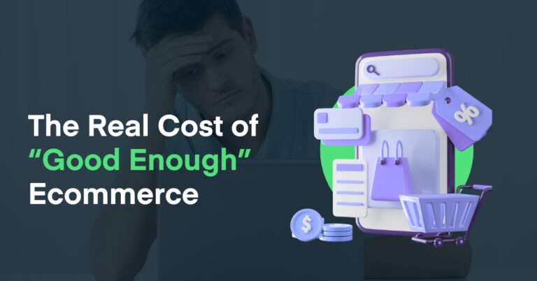 A frustrated person sits behind a laptop next to a 3D illustration of an online storefront and shopping cart, paired with the text 'The Real Cost of “Good Enough” Cannabis Ecommerce'—emphasizing the need to invest in the best dispensary ecommerce solution.