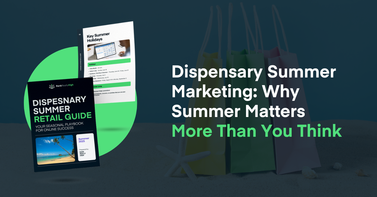 “Cover of the Dispensary Summer Retail Guide with beach imagery and shopping bags in the background, promoting a blog titled ‘Dispensary Summer Marketing: Why Summer Matters More Than You Think.’” Let me know if you want a shorter version for accessibility tools or social previews!