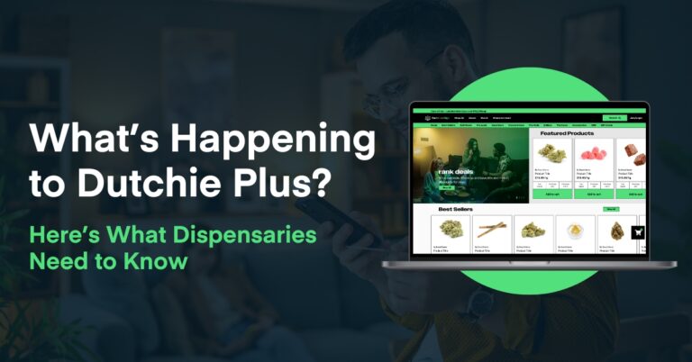 Graphic showing a dispensary website with text ‘What’s Happening to Dutchie Plus? Here’s What Dispensaries Need to Know,’ highlighting Dutchie Plus Ending in 2026