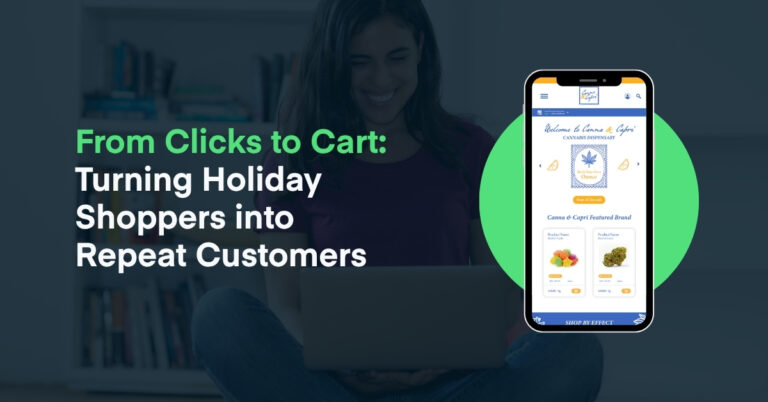 Image of a woman shopping online with a phone displaying an ecommerce store beside text reading 'From Clicks to Cart: Turning Holiday Shoppers into Repeat Customers,' illustrating Green Wednesday marketing and customer retention strategies.