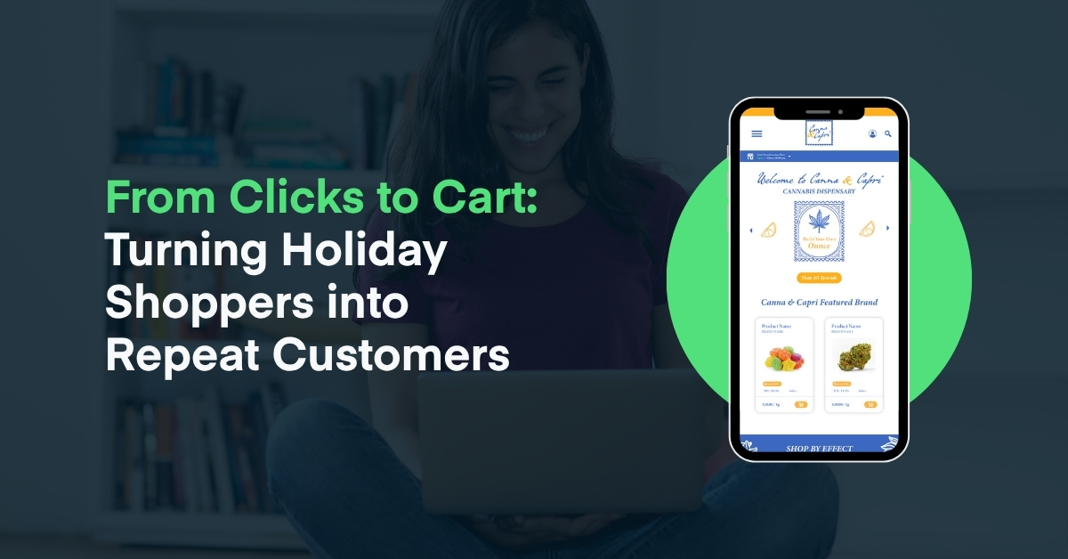 Image of a woman shopping online with a phone displaying an ecommerce store beside text reading 'From Clicks to Cart: Turning Holiday Shoppers into Repeat Customers,' illustrating Green Wednesday marketing and customer retention strategies.