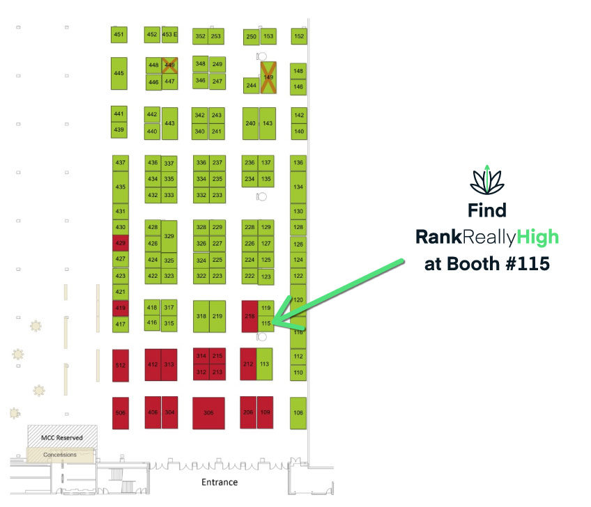 Lucky Leaf Expo Minnesota Floor Map showing Rank Really High at booth 115 at the Minnesota Conventional Center.