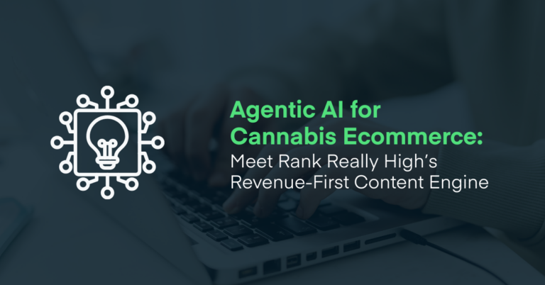Agentic AI for Cannabis Ecommerce blog header featuring a glowing AI chip icon beside the headline “Agentic AI for Cannabis Ecommerce: Meet Rank Really High’s Revenue-First Content Engine” over a laptop background, representing AI-powered cannabis marketing and revenue growth technology.