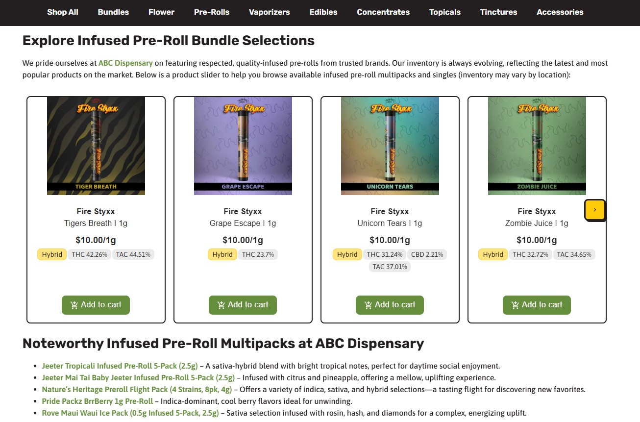 Example of Rank Really High Agentic AI for Cannabis shows a blog post with a blog about Exploring Infused Pro-roll Bundle selections and includes a shopping carousel right in the blog post with links to other products 