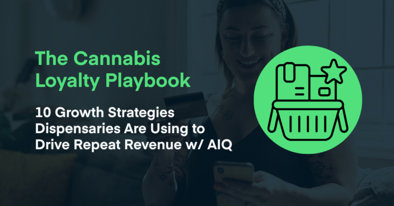 Graphic titled “The Cannabis Loyalty Playbook: 10 Growth Strategies Dispensaries Are Using to Drive Repeat Revenue w/ AIQ” featuring a shopper using a phone and holding a credit card, with a loyalty rewards icon overlay.