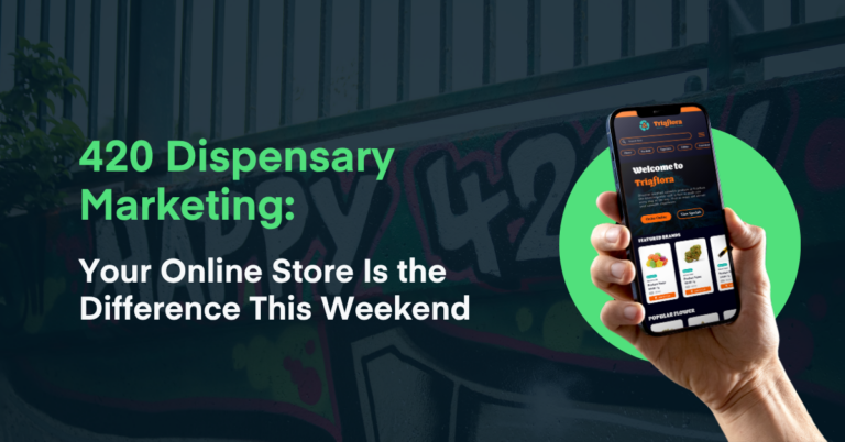 420 dispensary marketing graphic showing a mobile cannabis ecommerce website with the message “Your online store is the difference this weekend” highlighting the importance of online retail experience for dispensaries