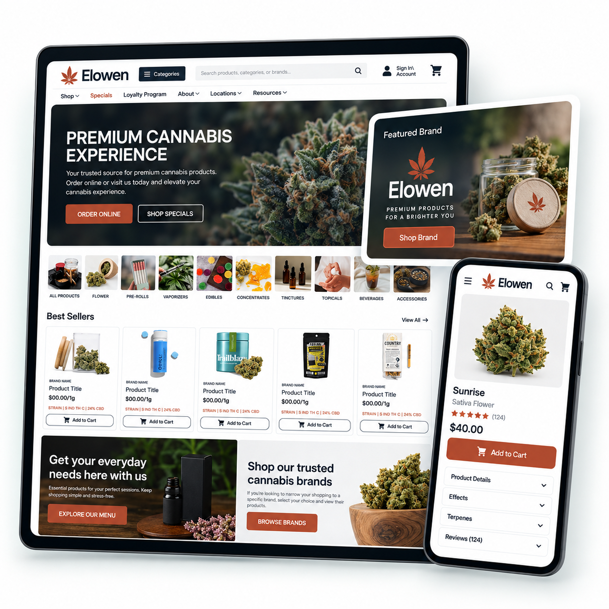 Rank One connected cannabis ecommerce experience shown across devices