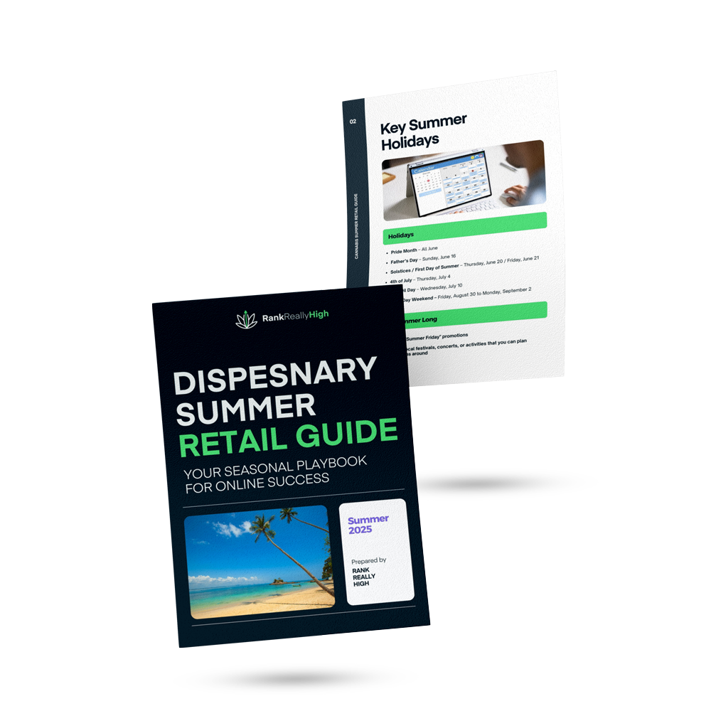 Mockup of the Dispensary Summer Retail Guide featuring the cover and an inside page titled “Key Summer Holidays.” The guide is designed to help cannabis retailers succeed online during the summer season.
